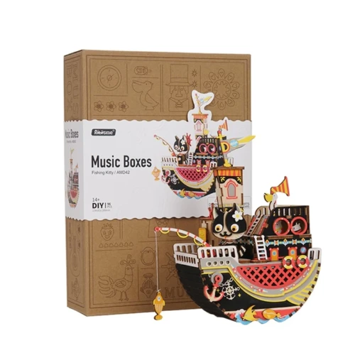 Boîte à musique en bois Fishing Kitty boite
